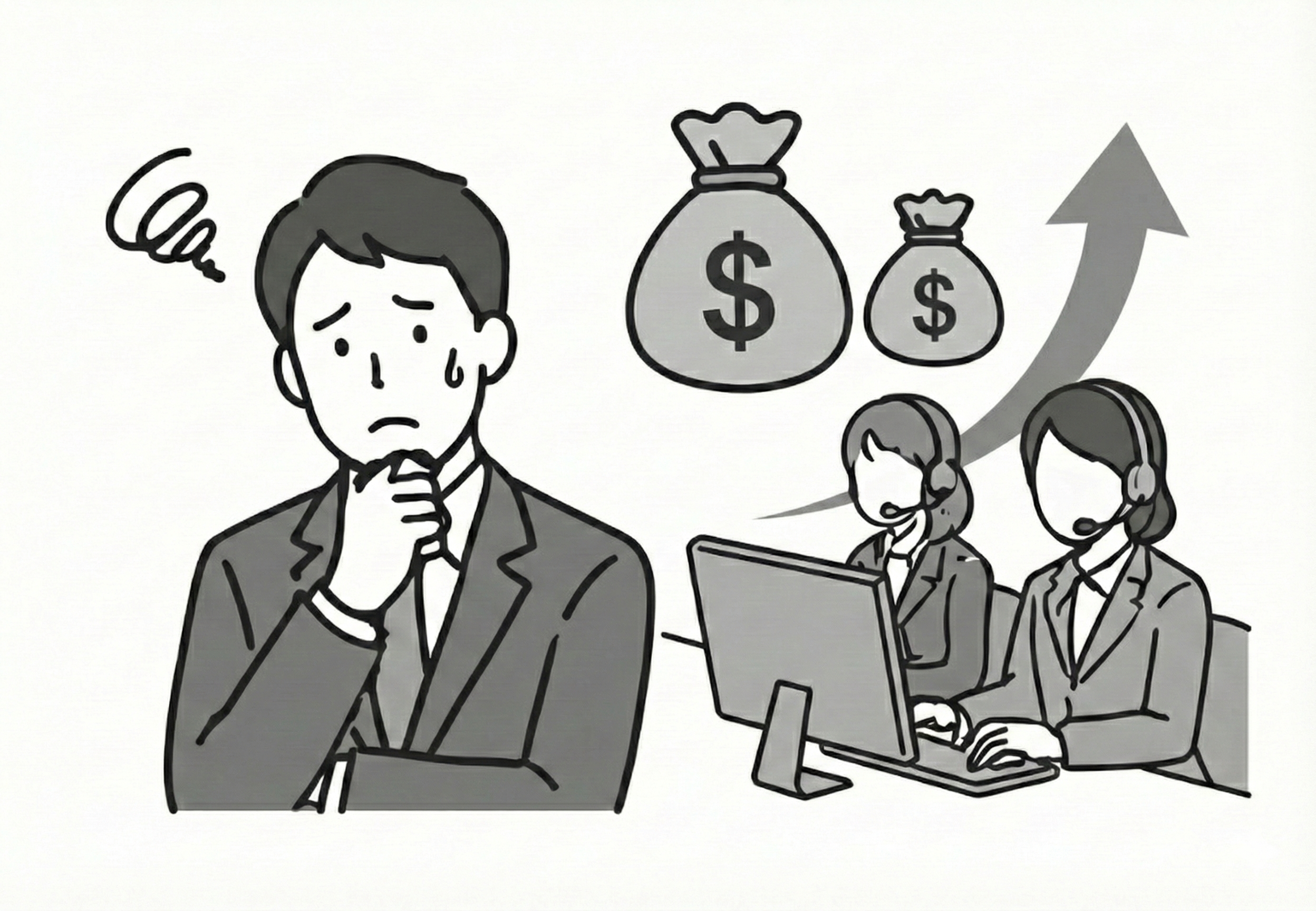 電話対応の人員確保とコールセンター委託費がかさむイメージ